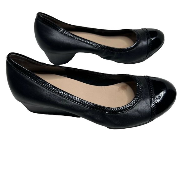 Cole Haan ELSIE Black Patent Leather Cap Toe Slip On Wedge Heel Shoe Size 9B - Picture 3 of 9
